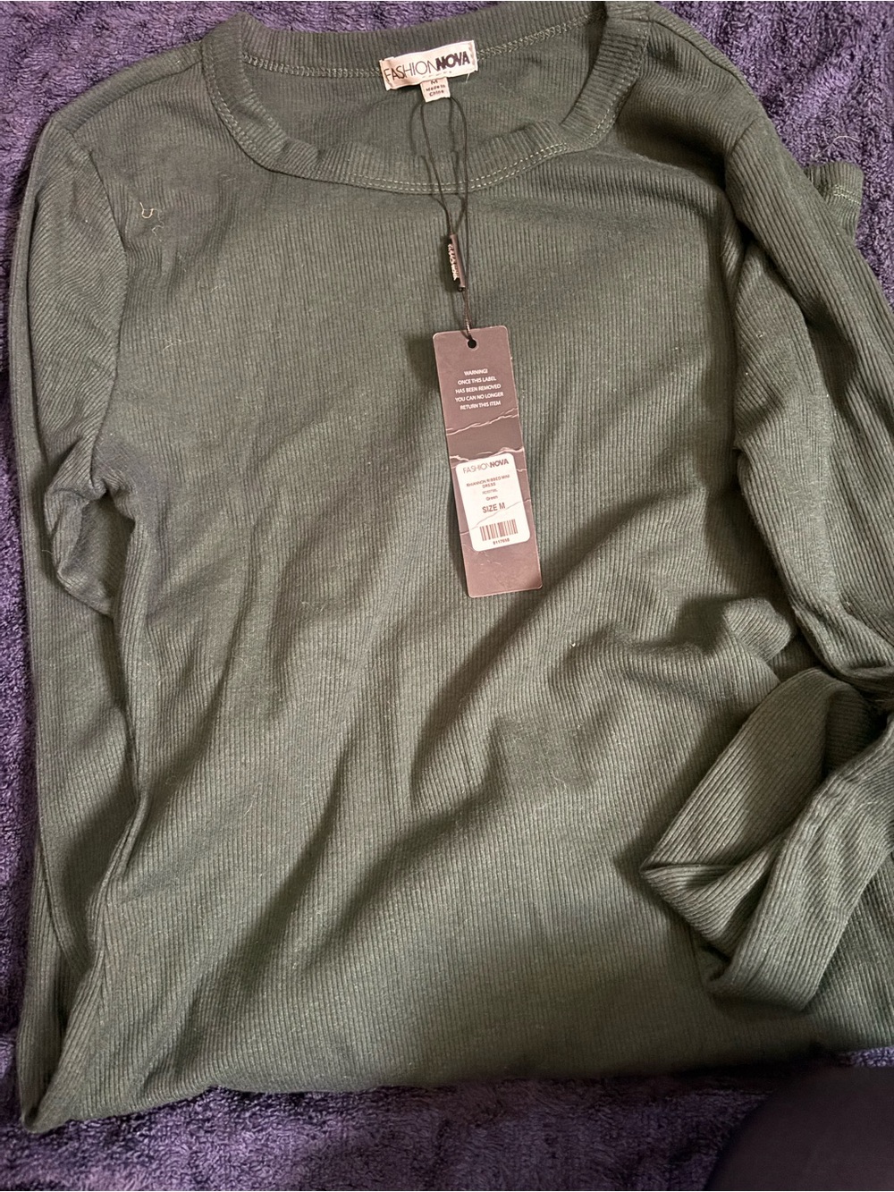 Fashion Nova Olive Ribbed Long Sleeve Crew Top